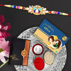 (K1_514_DS+BS32) Rakhi Combo with Chocolate Butter Scotch 32gm & Silver Pooja Thali, Pooja Coin & Greeting Card, Rakhi thali | Rakhi gift set | rakhi thali set | rakhi with chocolate | Rakhi with plate | rakhi hamper for brother | rakhi with