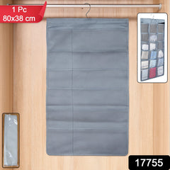 Open multi-pocket hanging organizer inside a closet