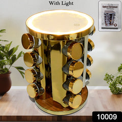 Close-up view of the LED illuminated spice jars on rotating rack