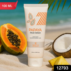 Zequz Papaya Face Wash tube with papaya fruit beside