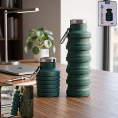 Green silicone foldable water bottle, 500ml