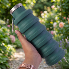 Leak-proof stainless steel cap on silicone bottle