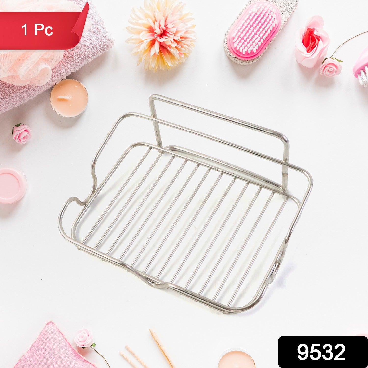 Stainless steel soap dish on countertop