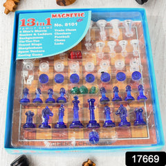 Close-up of magnetic chess pieces and dices in the 13-in-1 game