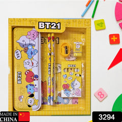 Kids' cartoon stationery set with metal pencil box, pencils & erasers