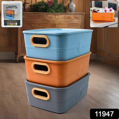Multipurpose plastic storage bins stacked and organized