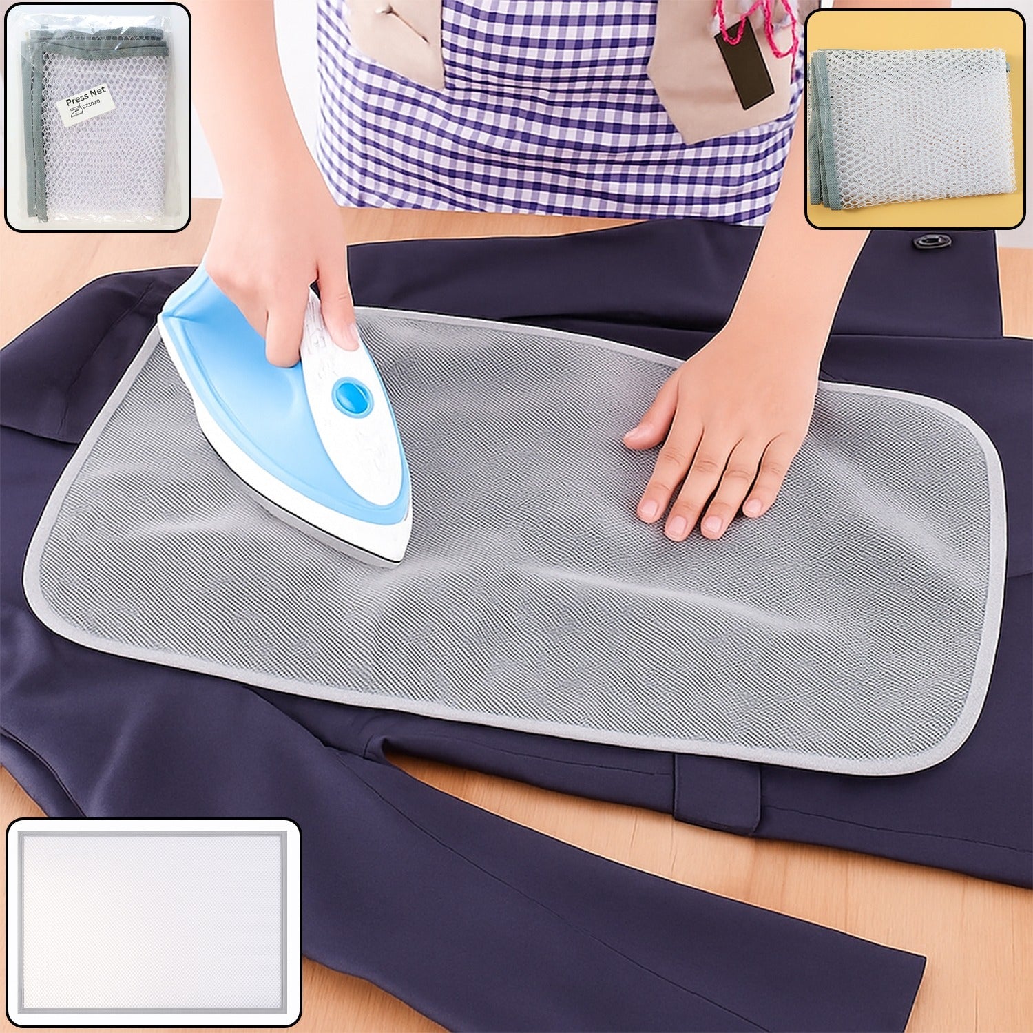 Heat-resistant ironing mesh press cloth on a garment