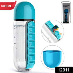 Close-up of pill organizer compartments in water bottle