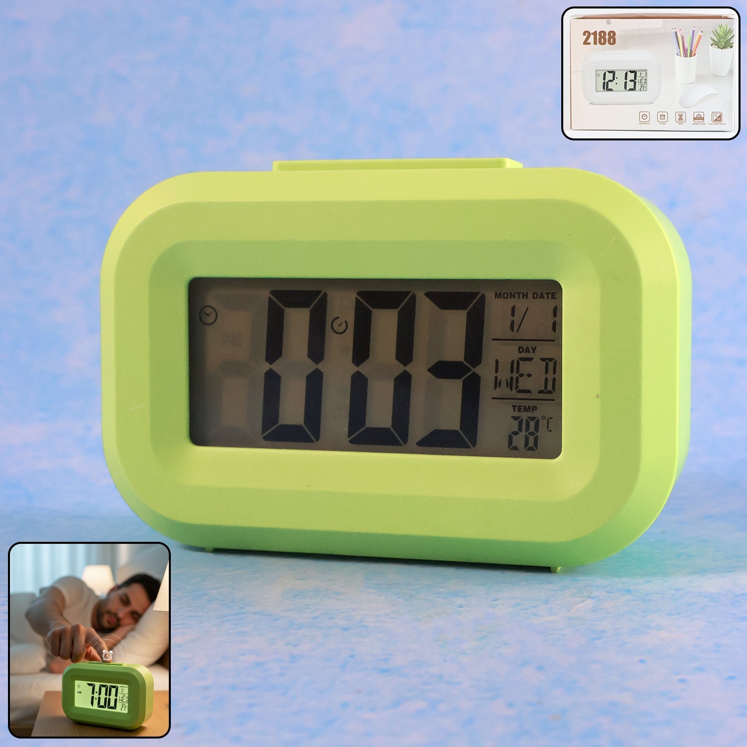 Digital alarm clock showing time, date, day and temperature
