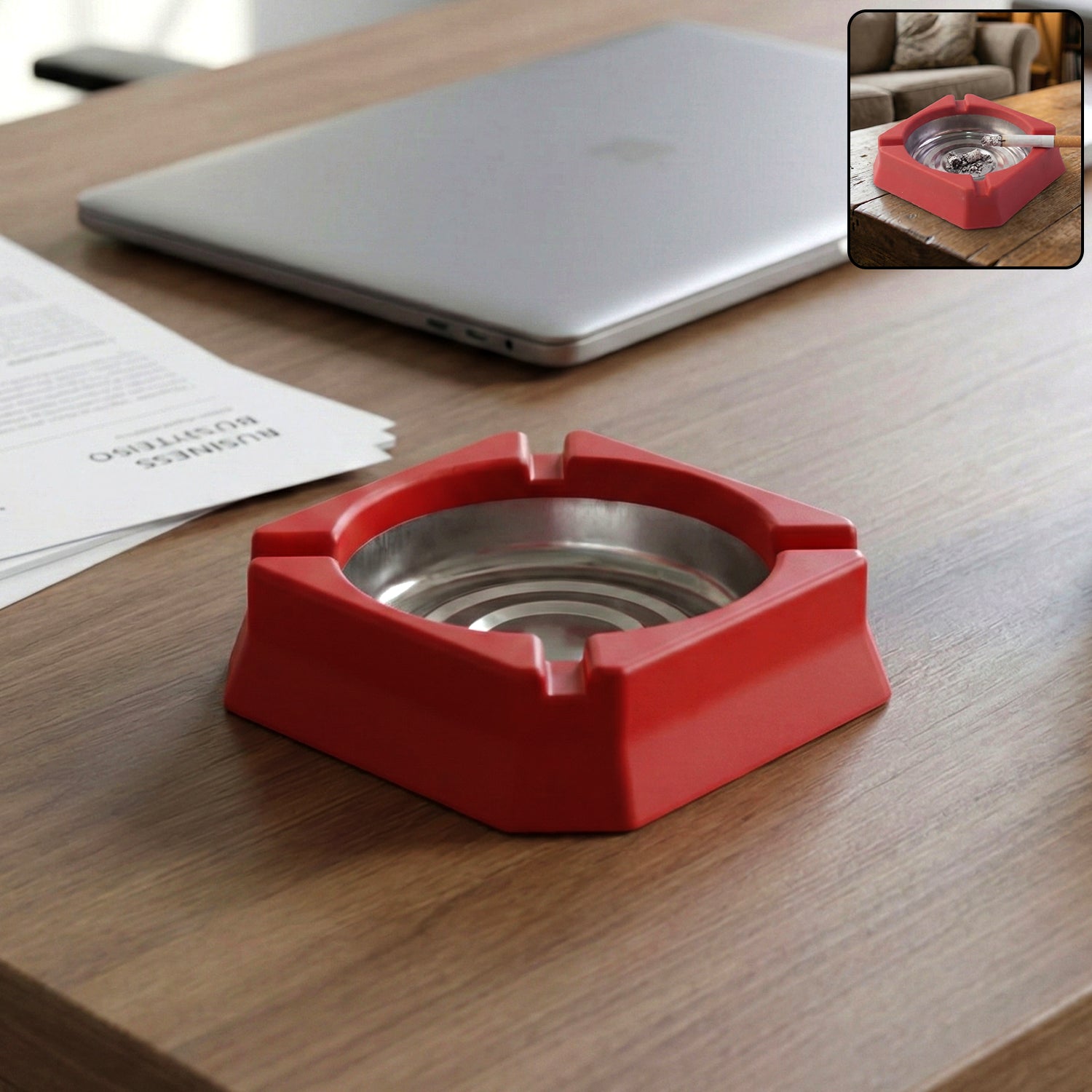 Heat-resistant ashtray with shiny stainless steel inner bowl