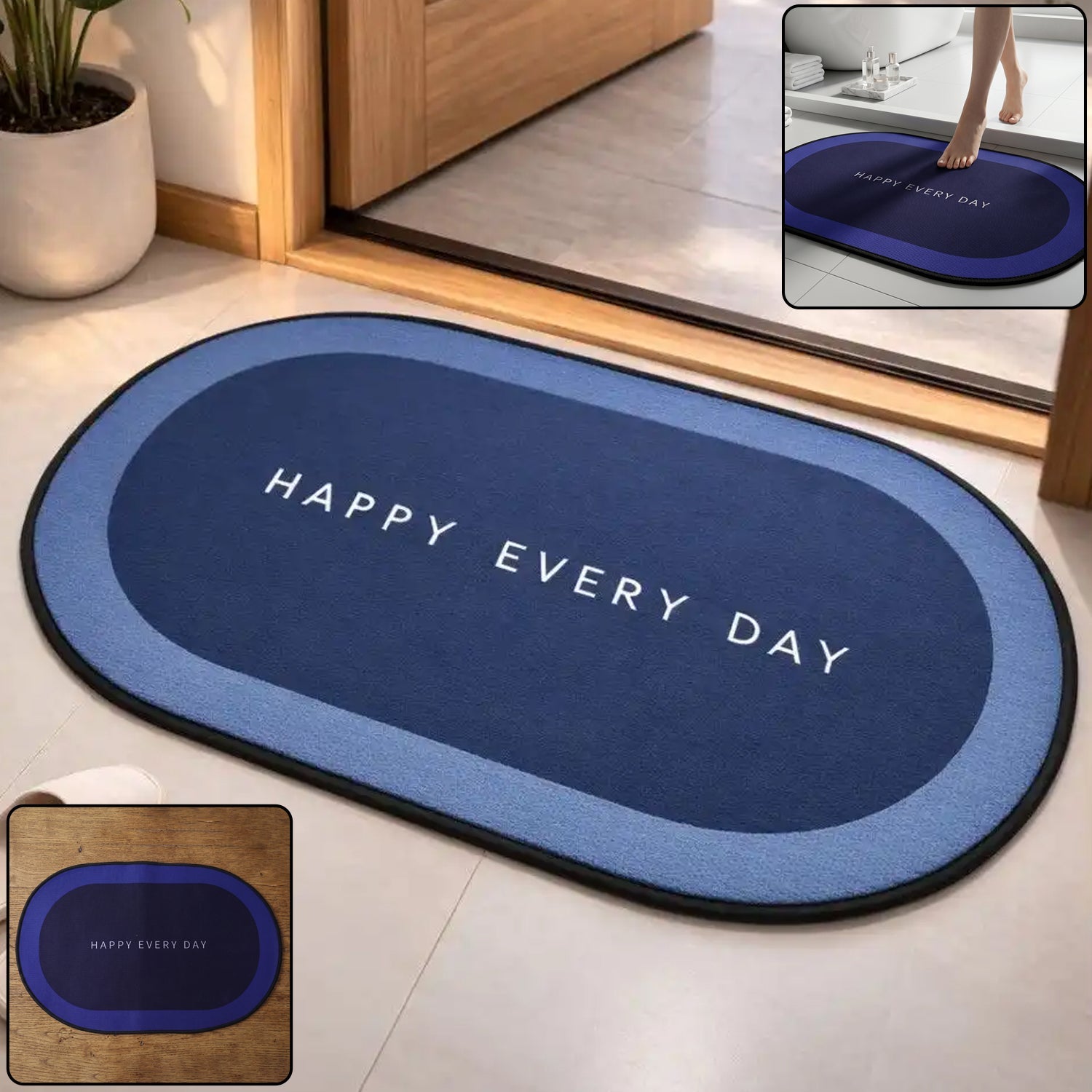Blue super absorbent bathroom floor mat with slip-resistant backing