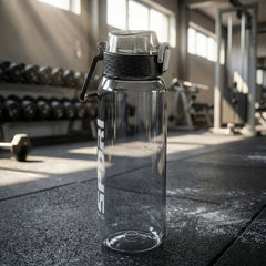 Black sports water bottle with ergonomic carry handle