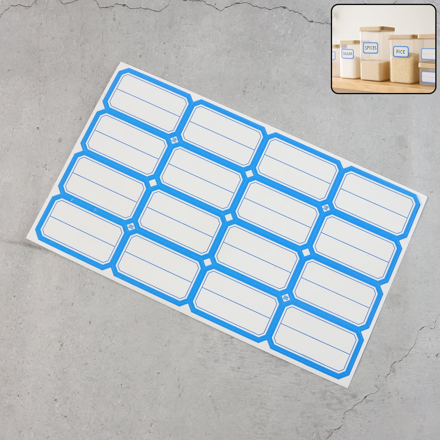 Self-adhesive rectangular label stickers on sheet