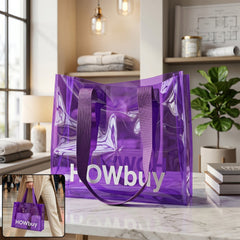 Transparent reusable shopping tote bag with handle strap