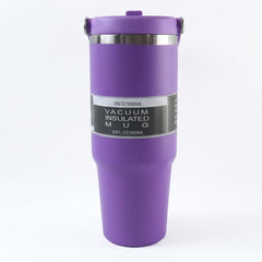Ergonomic handle on stainless steel vacuum insulated mug