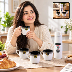 White insulated bottle with a quote and four white ceramic mugs with speckled black rims on a white background.
