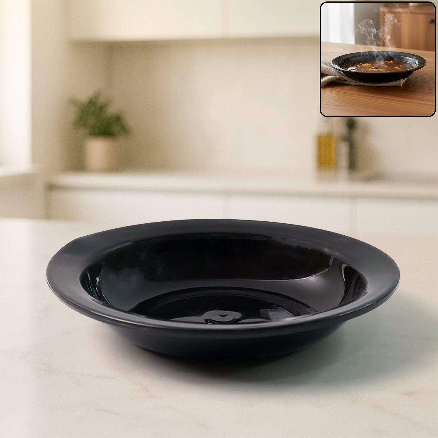 Premium deep black glossy curry and soup serving bowl