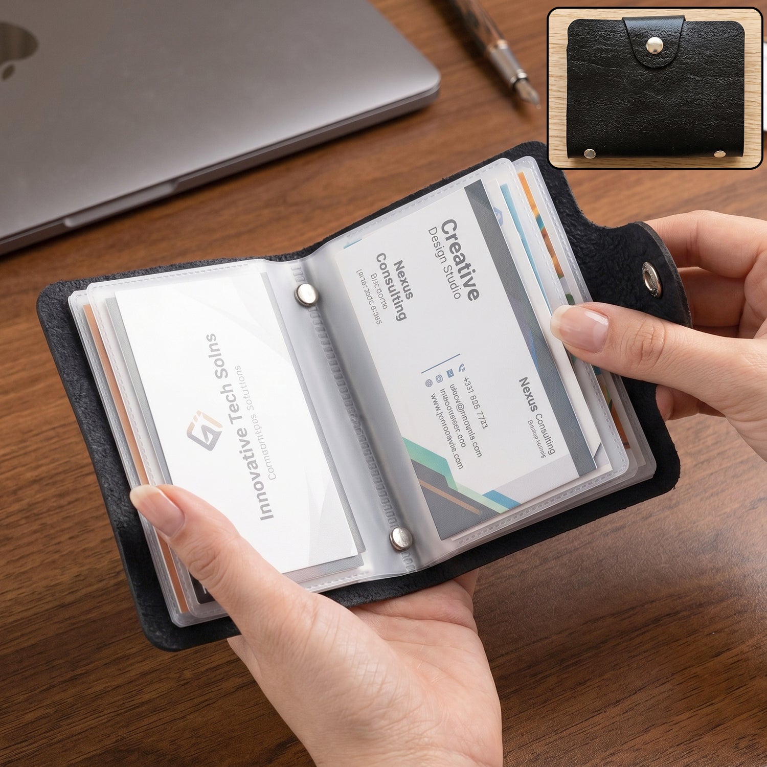 Black PU leather card holder wallet with 12 clear pockets for cards.