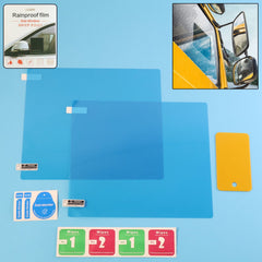 Car mirror with anti-fog protection film applied