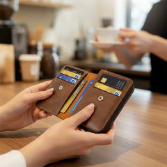 Zip closure card holder wallet displaying multiple card compartments