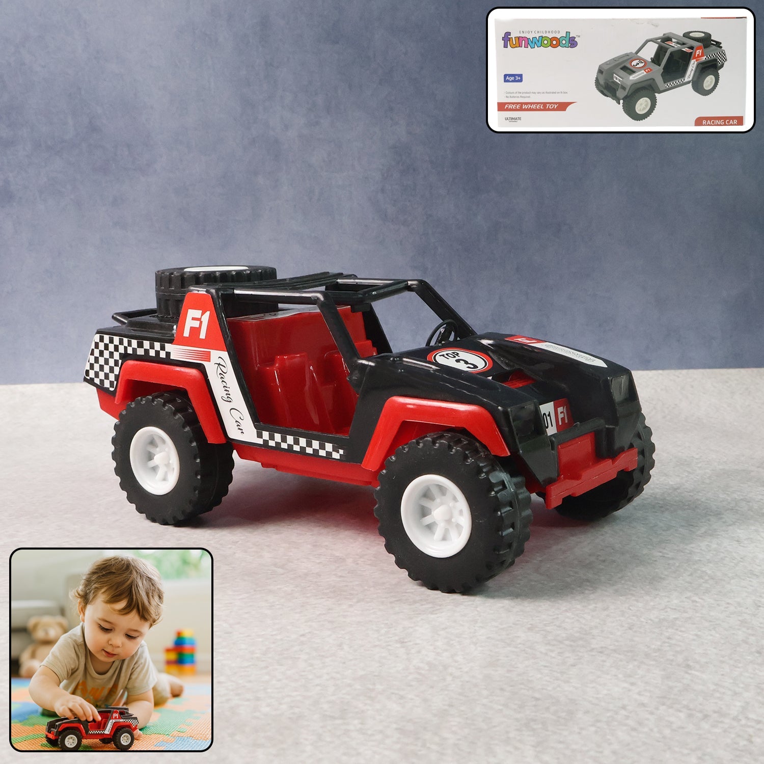 Funwoods free-wheel racing jeep toy car with wide tyres