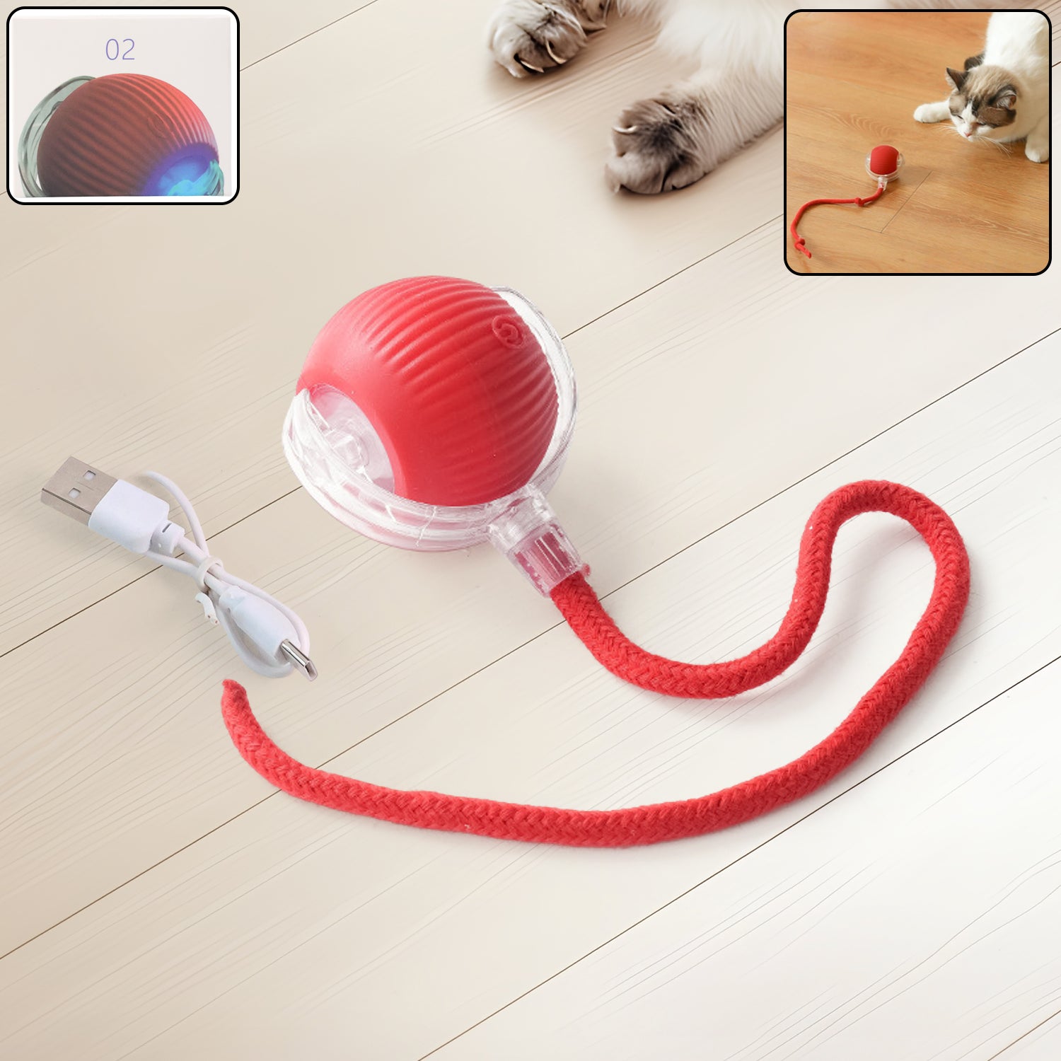 Rechargeable interactive cat toy ball with LED lights & braided tail