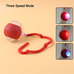 LED light cat toy ball with braided tail on a clean surface