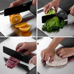 Stainless steel cutting board showing measurement scale