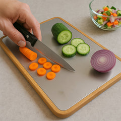 Close-up of Apex cutting board stainless steel surface and wooden edges