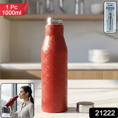 Red stainless steel water bottle with SKU label