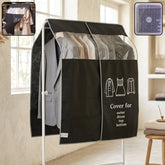 Hanging garment dust cover protecting clothes on a rack with clear window