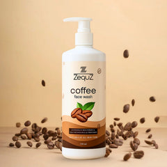 Zequz Coffee Face Wash pump bottle with coffee beans