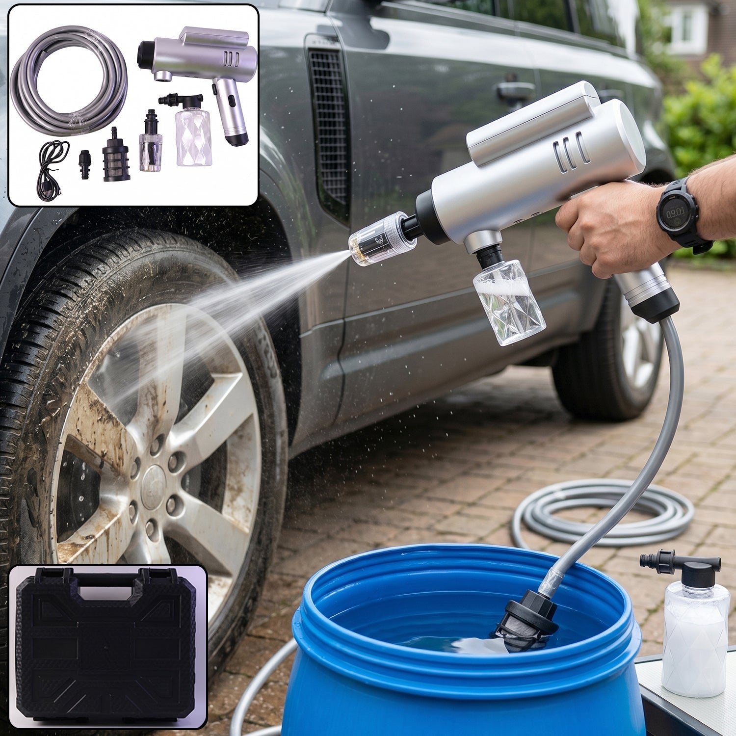 Cordless high-pressure car washer gun kit with hose and foam bottle for versatile cleaning