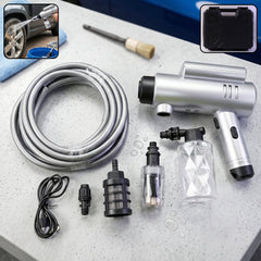 Complete cordless car washer kit including spray gun, hose, foam bottle, and accessories