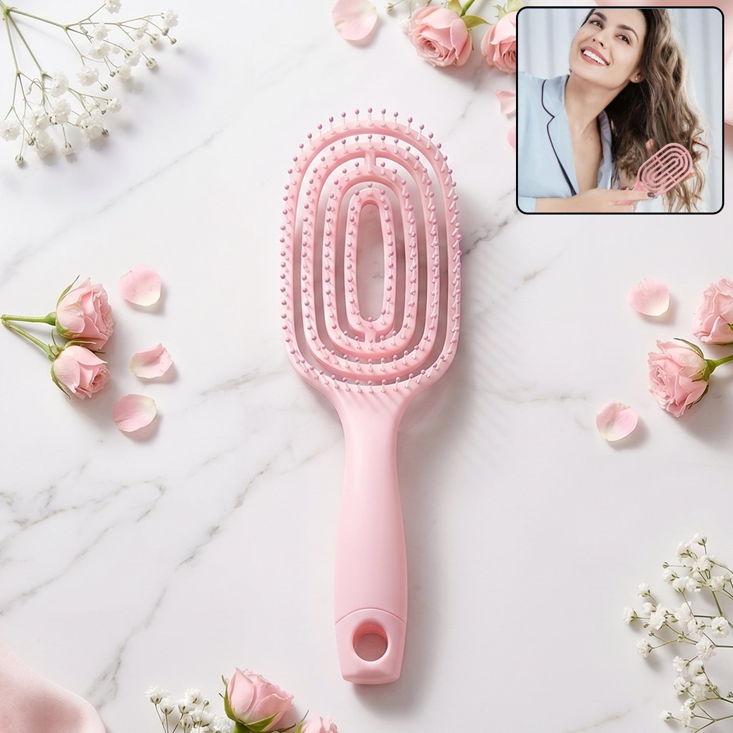 Pink curved vented detangling hair brush