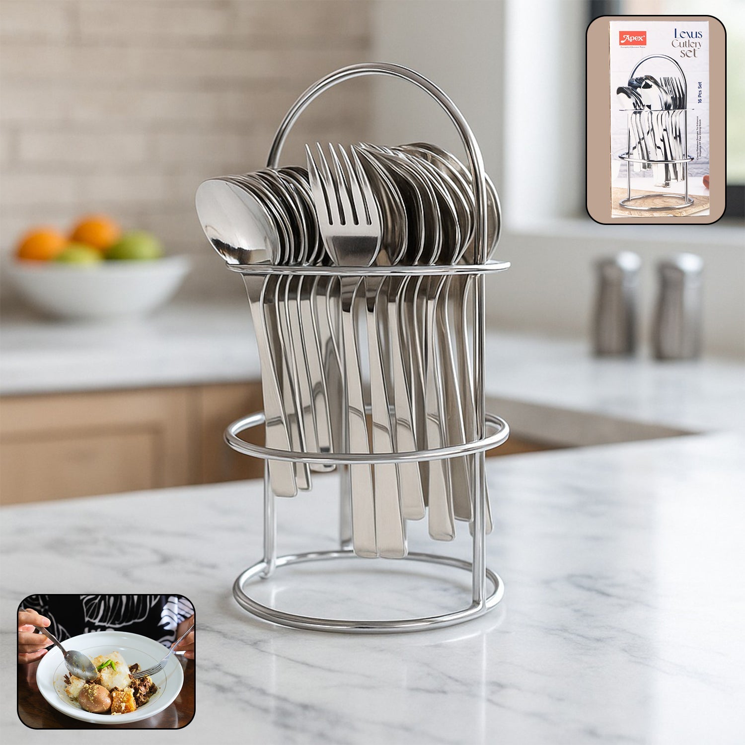 Apex 16-piece stainless steel cutlery set with stand