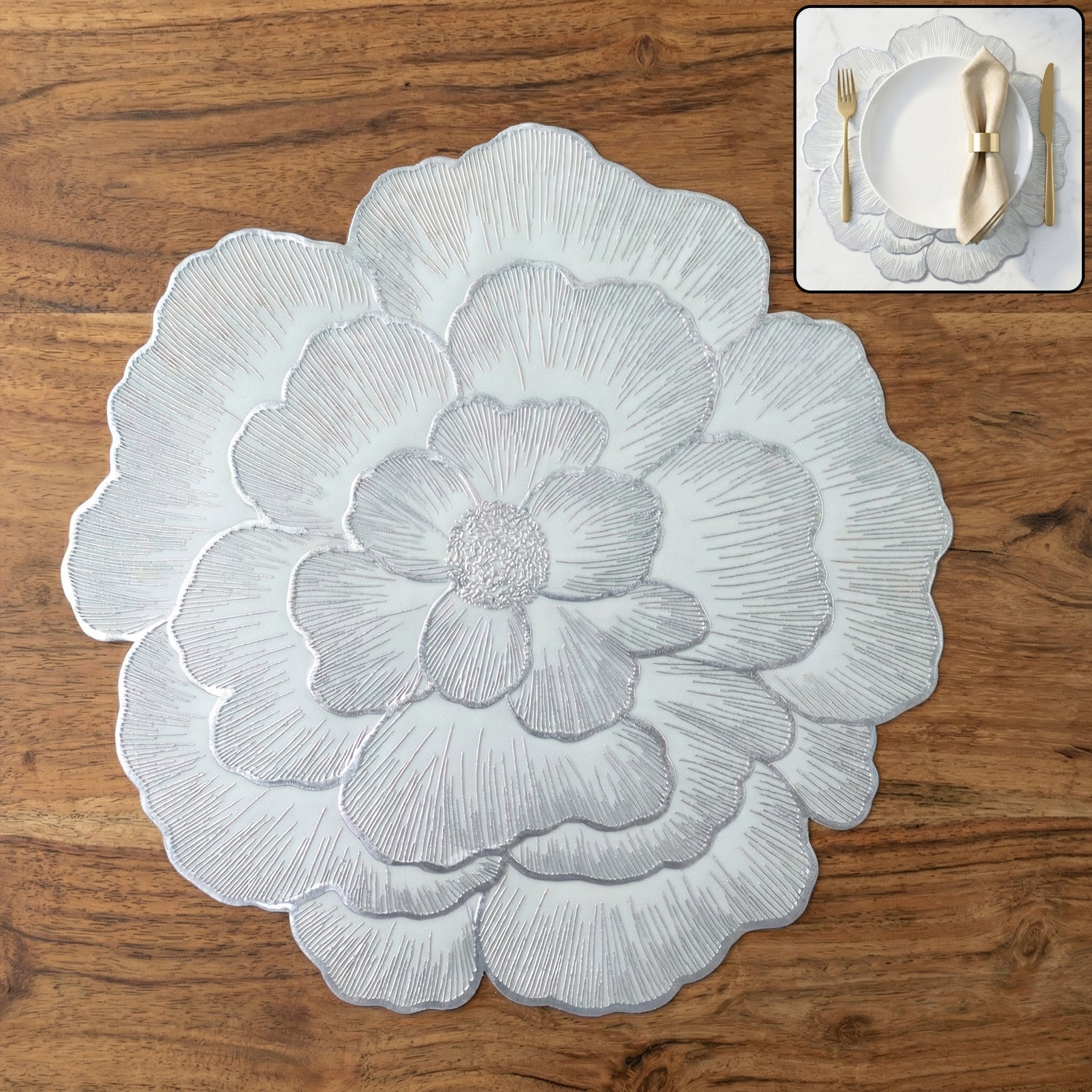 Round floral design PVC table mat on table