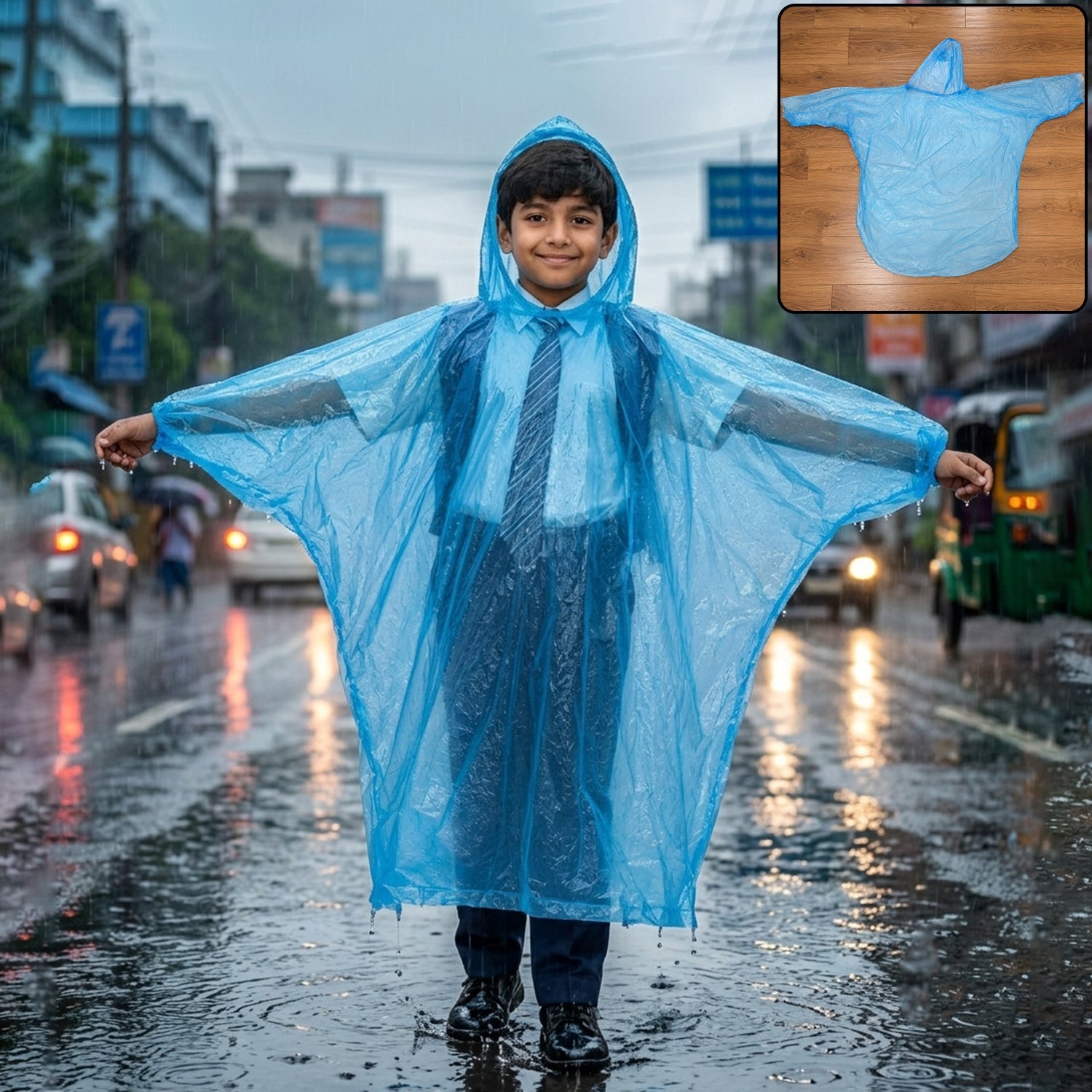 A young boy in a school uniform smiles while wearing a translucent blue poncho on a rainy city street.