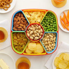 Side angle of dry fruit box filled with nuts and candies