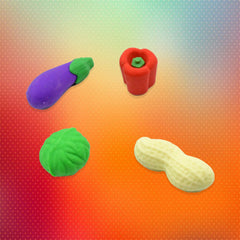 Collection of mini vegetable erasers (carrot, corn) for children