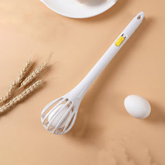 Egg beater tool used for whipping and mixing with easy hanging storage.