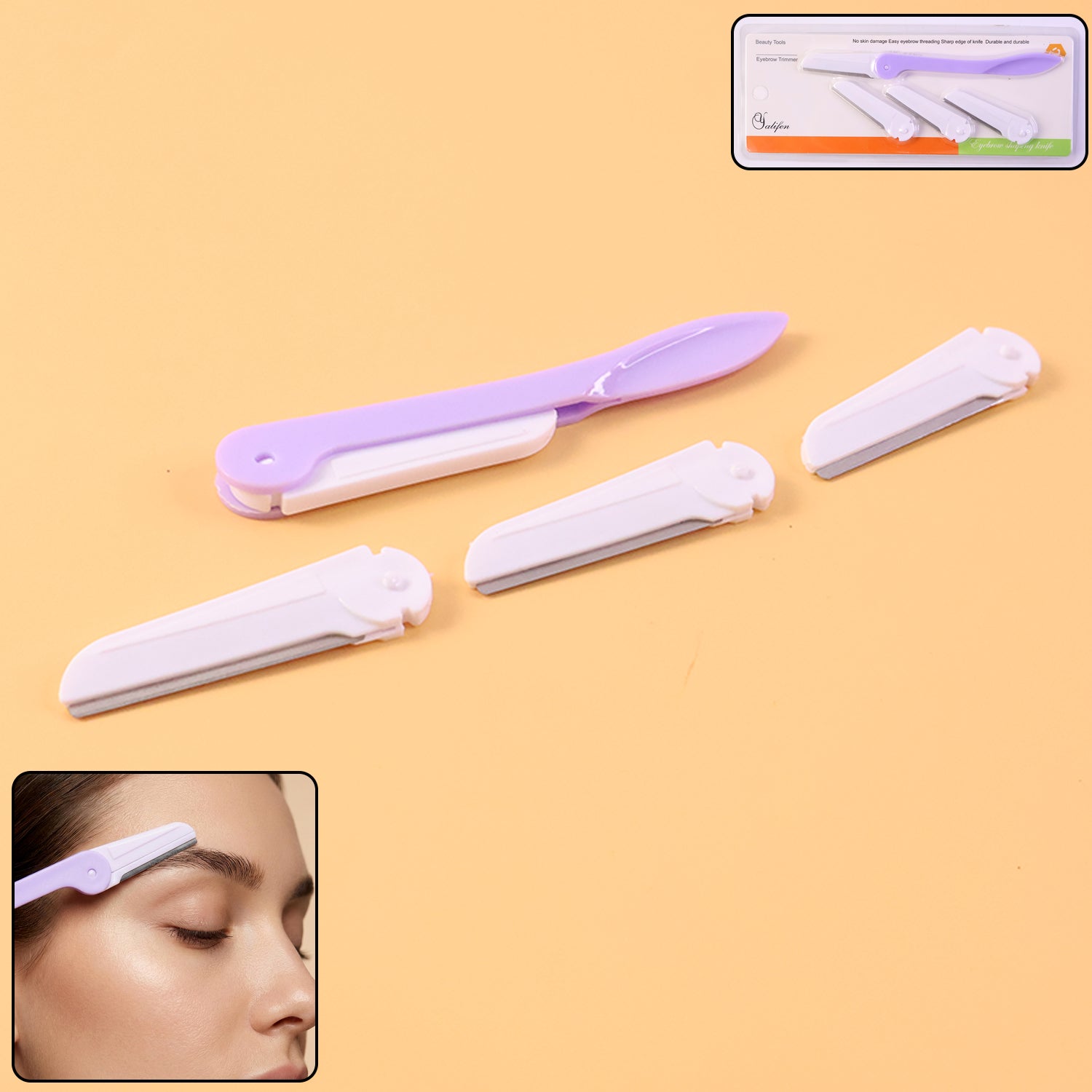 Eyebrow facial hair razor with 3 replaceable blades