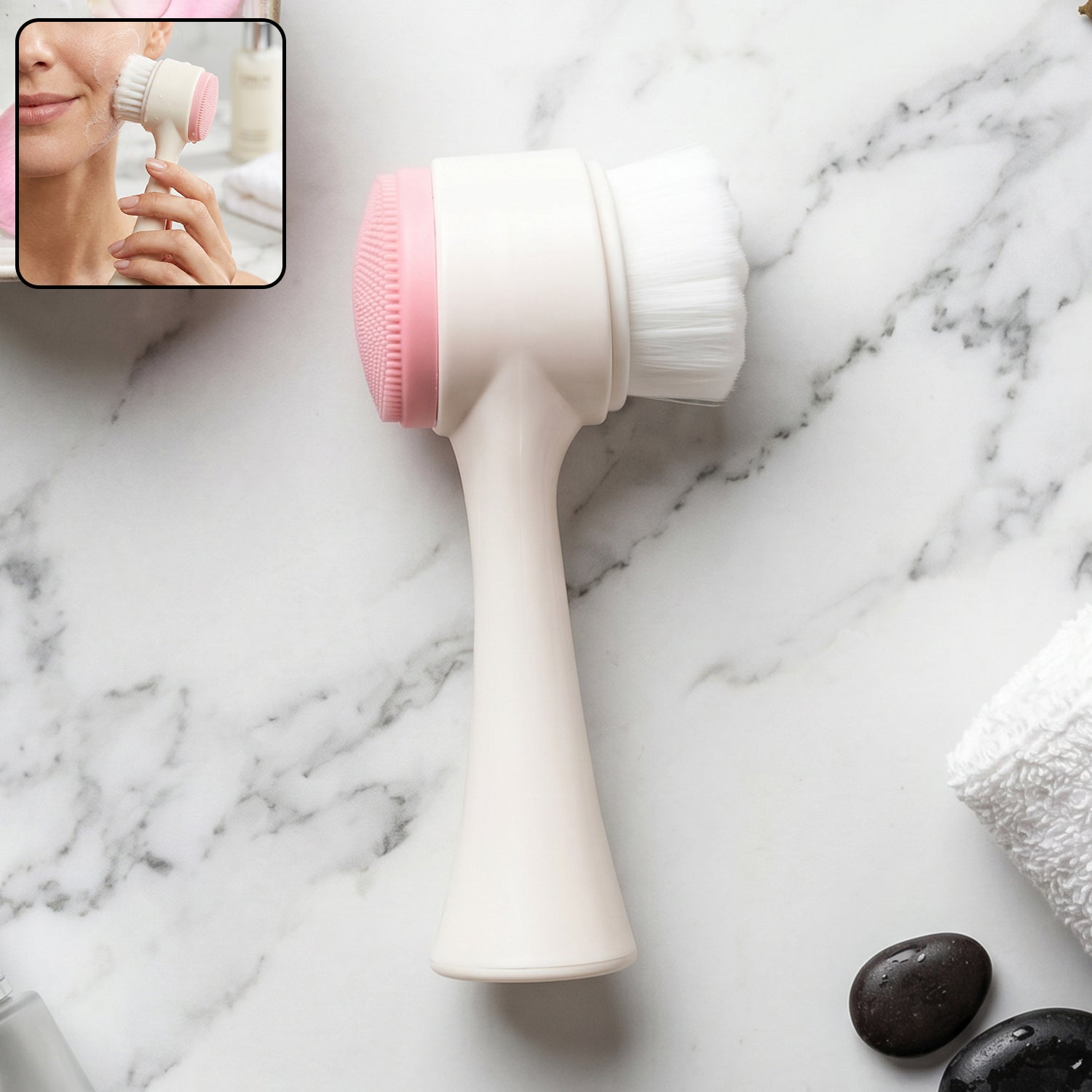 Facial cleansing brush with soft bristles and silicone scrubber for deep cleaning