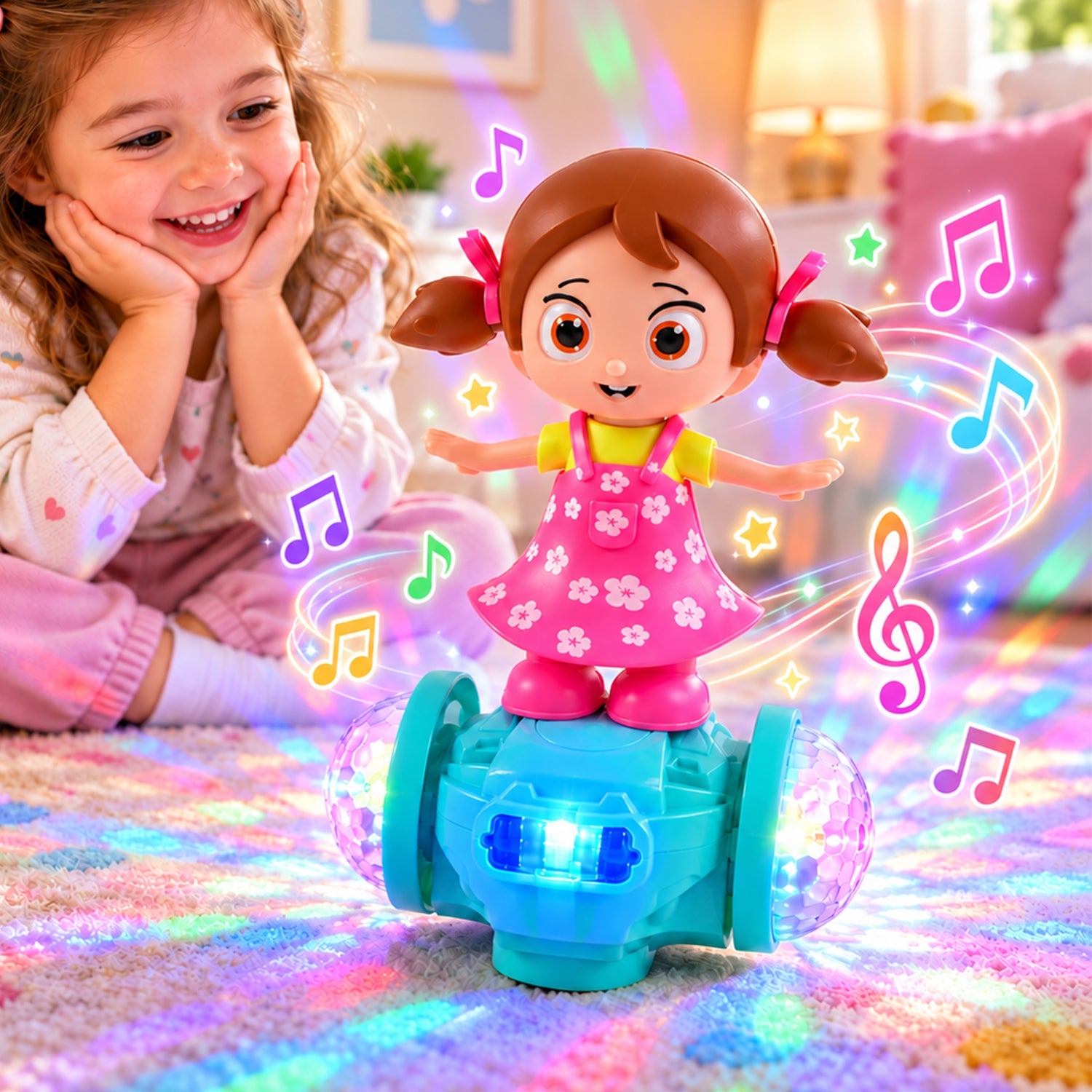 A young girl watches a dancing doll toy with LED lights projecting colorful patterns onto a carpeted floor.