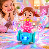 A young girl watches a dancing doll toy with LED lights projecting colorful patterns onto a carpeted floor.