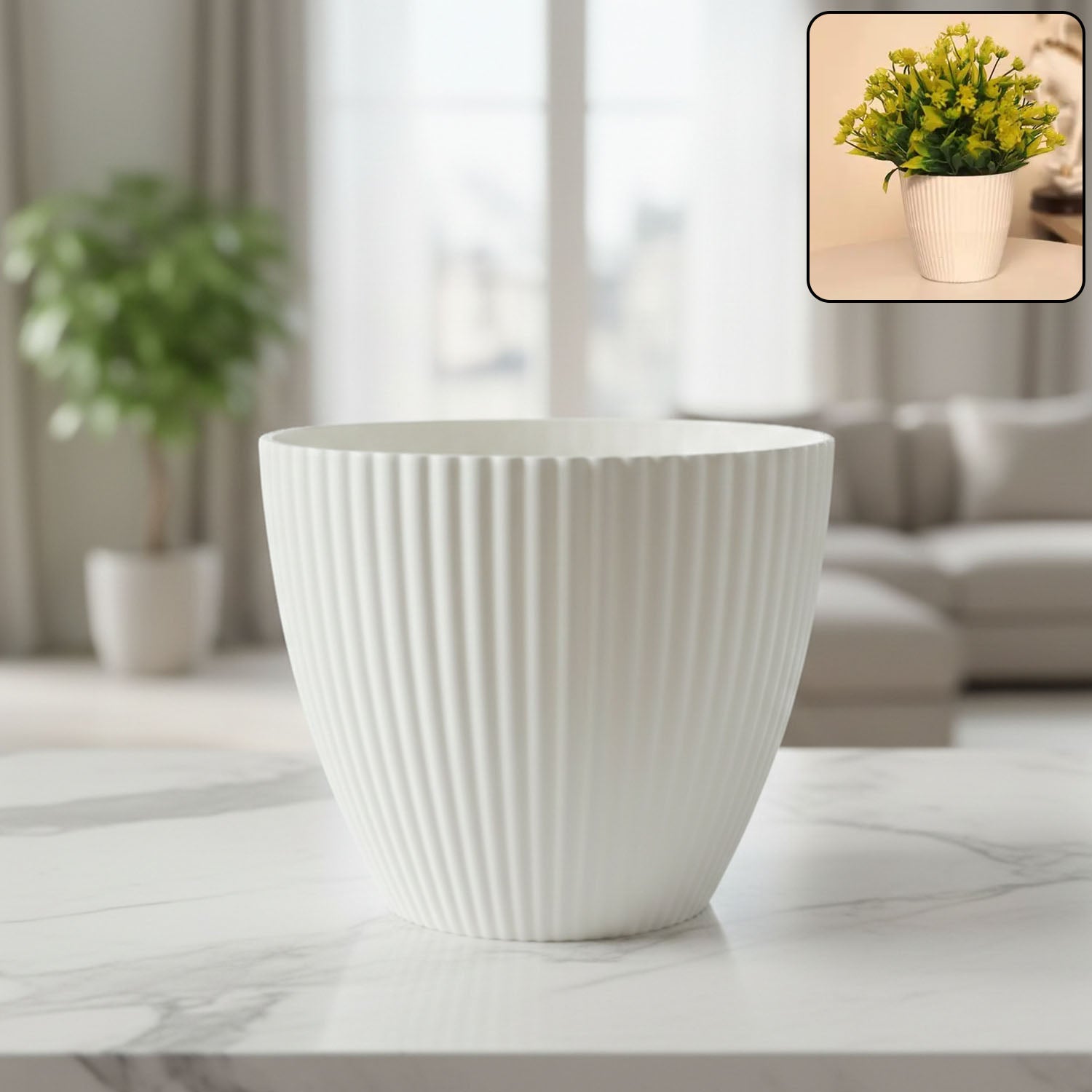 Premium white ribbed flower pot with wide mouth
