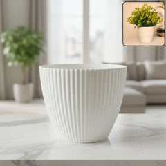 Premium white ribbed flower pot with wide mouth