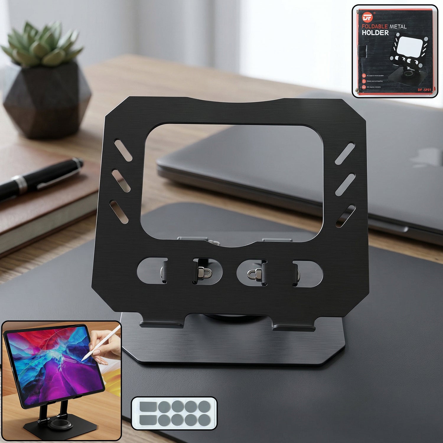 Foldable adjustable metal tablet stand on desk
