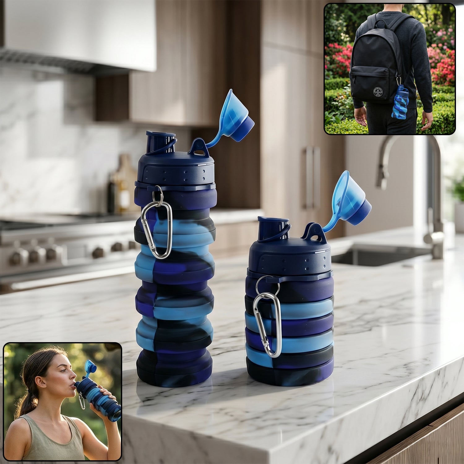 Colorful collapsible silicone water bottle full view