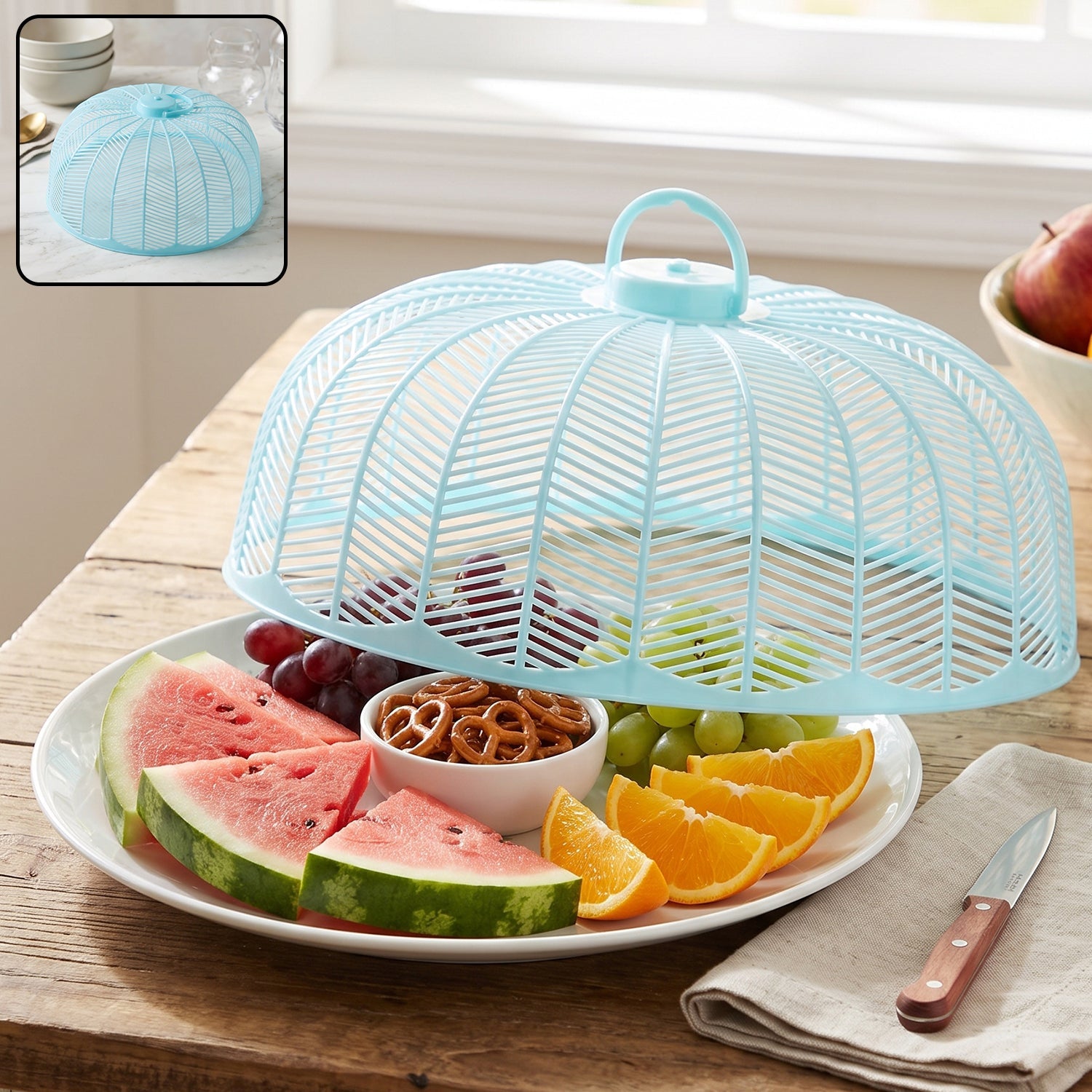 Plastic mesh food cover dome with handle for the dining table